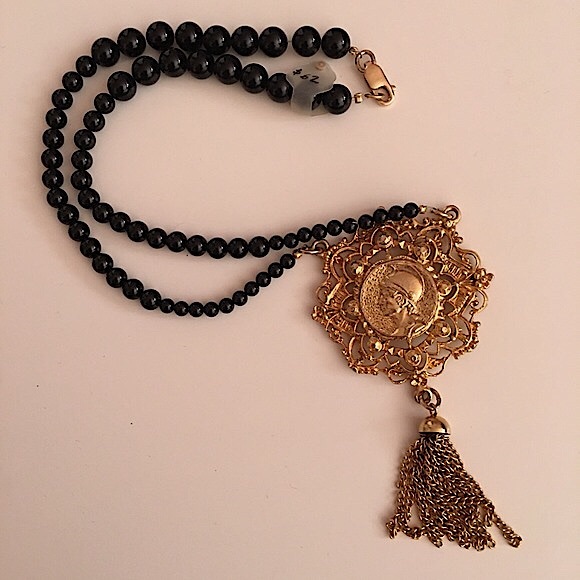 Antique Jewelry - Antique Unique Goth Onyx Necklace gold Roman intaglio Face Tassel